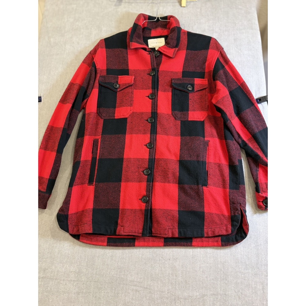 Lucky Brand Men's Red/Black Plaid Button Shirt Jacket Pockets Mid-Length Sz M